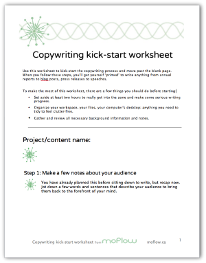 Screen capture of copywriting kick start work sheet with link to document for downloading.