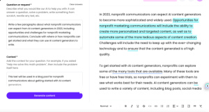 Screen capture of Writer.com interface being used to generate content for this post